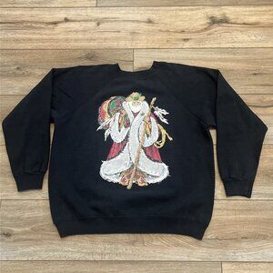 Santa Claus Sweatshirt SZ Medium Black Appliqué Hand Painted Southwestern Vtg